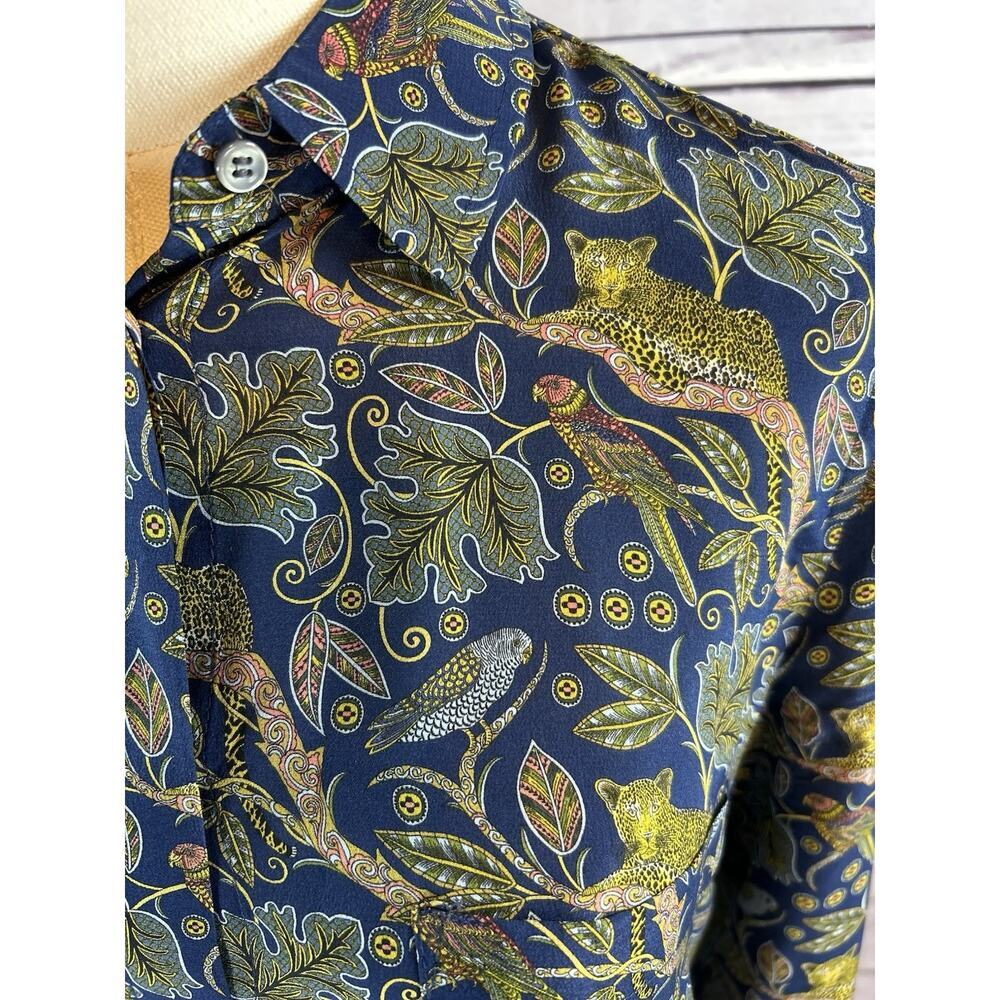 J.Crew Silk Blouse Womens 2 Blue Botanical Cheetah Print Button Front - Picture 2 of 8